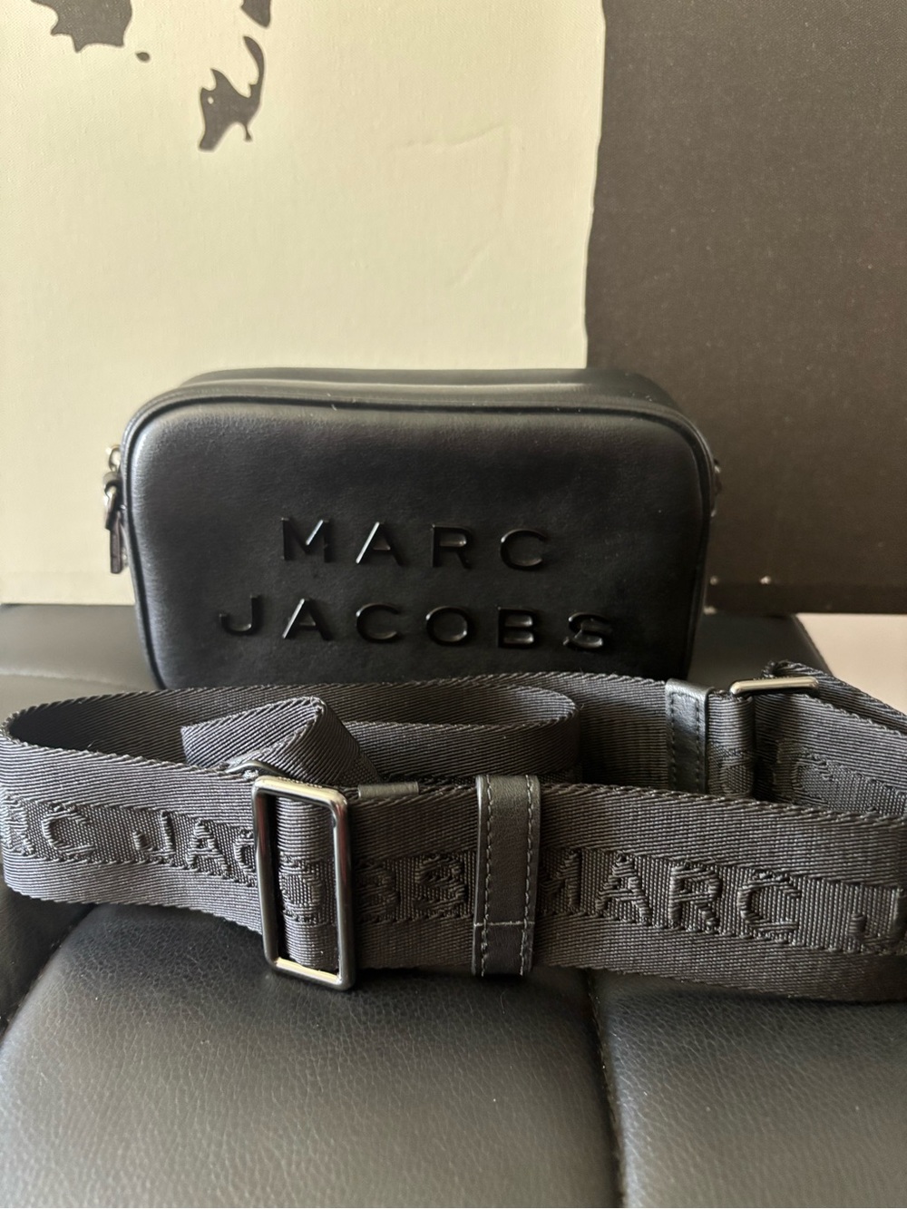 Marc Jacobs Black Leather Crossbody Camera Bag with Logo